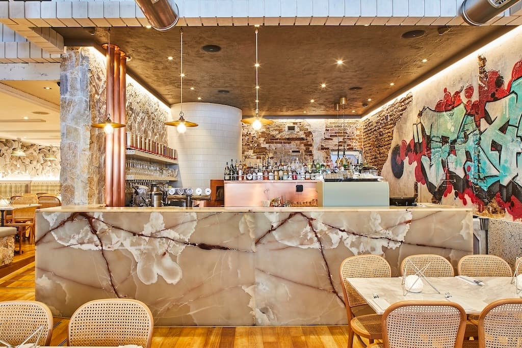 Modern bar area with marble countertop at Frankie B's Food House Parramatta